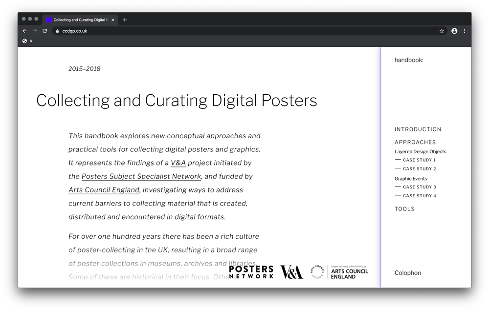 Screenshot of the home page of the Collecting and Curating Digital Posters Online handbook. Featuring black text on a white background. There is a lilac-coloured vertical line on the righthand side of the page, delinaeating the site's navaigation menu.