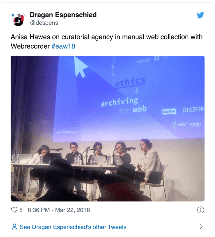 Screenshot of a Tweet by Dragan Espenschied featuring a photo of five women, sitting at a desk on the stage at a conference. There are microphones and laptop computers on the desk, and one of the women is speaking. Behind them, a projected image includes the words Ethics and Archiving the Web.