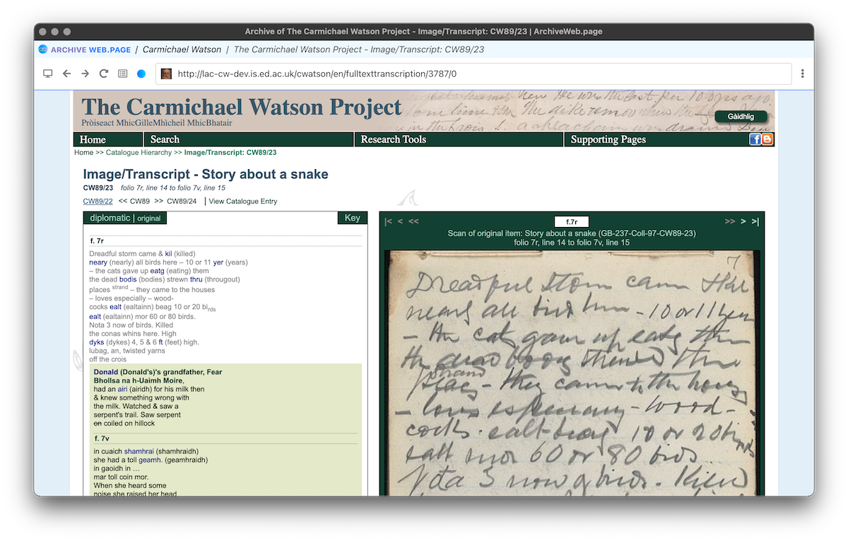 Screenshot of an archived webpage comprising a scanned image of a handwritten document alongside a  transcription. The handwriting is in pencil and difficult to decipher. The accompanying transcript is detailed, reflecting the document's line breaks and the irregular use of punctuation exactly. It also features expansions of abbreviated words, which are shown within brackets. The page is headed 'Image/Transcript - Story about a snake'